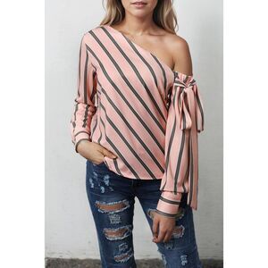 Azura Exchange  Pink Striped Asymmetric Tied Shoulder Blouse